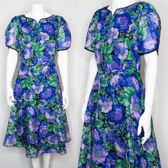 CT MODELL EXCLUSIVE Vintage '70s Blue Floral Organza Flutter Midi Dress SMALL - Picture 1 of 13